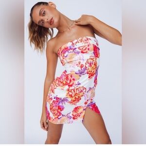 RunAway Strapless Jade Floral Mini Dress in White, Pink and Purple Acadia Size S